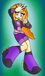 Size: 1241x2048 | Tagged: safe, artist:ru, derpibooru import, adagio dazzle, human, equestria girls, g4, 2024, boots, clothes, gradient background, image, jacket, jpeg, looking at you, open mouth, shirt, shoes, shorts, signature, solo