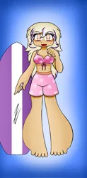 Size: 1011x2048 | Tagged: safe, artist:ru, derpibooru import, human, 2024, bailey (wild manes), barefoot, belly, belly button, bikini, bikini top, blushing, breasts, cleavage, clothes, feet, female, gradient background, humanized, image, jpeg, light skin, looking at you, open mouth, open smile, signature, smiling, solo, surfboard, swimming trunks, swimsuit, wild manes