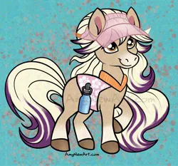 Size: 2048x1906 | Tagged: safe, artist:amynewblue, derpibooru import, horse, pony, 2024, bailey (wild manes), clothes, female, image, jpeg, mare, raised hoof, signature, smiling, solo, tail, unshorn fetlocks, visor cap, water bottle, watermark, wild manes