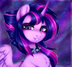 Size: 2590x2400 | Tagged: safe, artist:lina, derpibooru import, twilight sparkle, twilight sparkle (alicorn), alicorn, alternate hairstyle, bust, choker, image, jewelry, looking at you, png, portrait, punklight sparkle, regalia, smiling, smiling at you, space