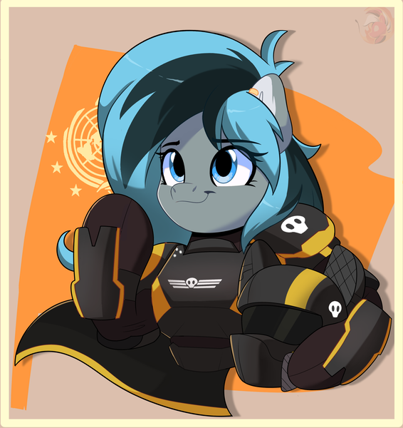 Size: 2733x2897 | Tagged: safe, artist:joaothejohn, derpibooru import, oc, oc:luny, unofficial characters only, pegasus, pony, semi-anthro, armor, cape, clothes, commission, earth, fanart, female, flag, game, helldivers 2, helmet, image, looking up, mare, multicolored hair, pegasus oc, png, propaganda, salute, science fiction, skull, smiling, solo, wings, ych example, your character here