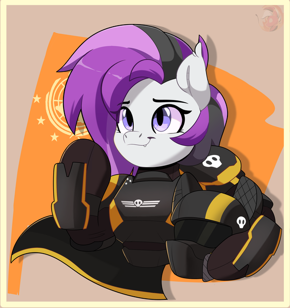 Size: 2733x2897 | Tagged: safe, artist:joaothejohn, derpibooru import, oc, oc:moonstone, unofficial characters only, bat pony, pegasus, pony, semi-anthro, armor, bat pony oc, bat wings, cape, clothes, commission, ear fluff, earth, fanart, fangs, female, flag, game, helldivers 2, helmet, image, looking up, mare, multicolored hair, pegasus oc, png, propaganda, salute, science fiction, skull, smiling, solo, wings, ych example, your character here