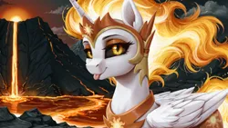 Size: 2560x1440 | Tagged: safe, ai content, derpibooru import, machine learning assisted, prompter:dovakkins, daybreaker, alicorn, pony, g4, :p, cute, diabreaker, ear fluff, female, fiery mane, fiery tail, fire, folded wings, image, jpeg, lava, looking at you, mane of fire, mare, smiling, smiling at you, solo, tail, tongue out, volcano, watermark, wavy mane, wavy tail, wings