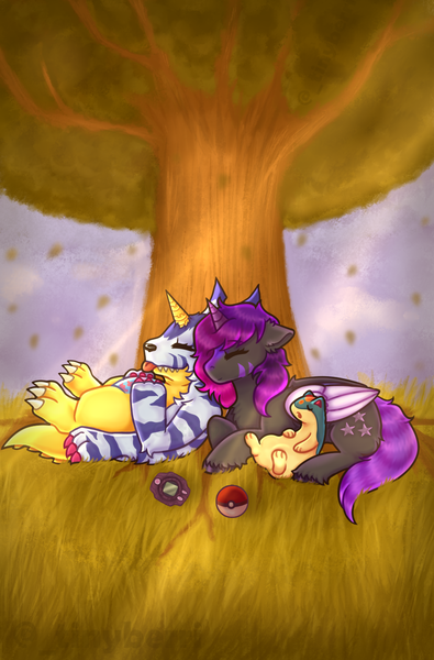 Size: 1000x1520 | Tagged: safe, artist:_tinyberri, derpibooru import, oc, oc:ella starshade, gabumon, hybrid, quilava, commission, cuddling, digimon, digivice, falling leaves, image, leaves, png, poké ball, pokémon, sleeping, tree