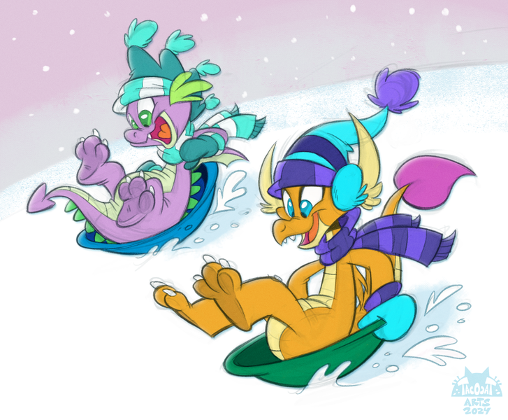 Size: 2000x1650 | Tagged: safe, artist:spicytacozzz, derpibooru import, smolder, spike, dragon, g4, blue eyes, clothes, dragoness, fangs, female, green eyes, hat, image, male, mittens, open mouth, png, scarf, sled, sledding, smiling, snow, striped scarf, toque, winter