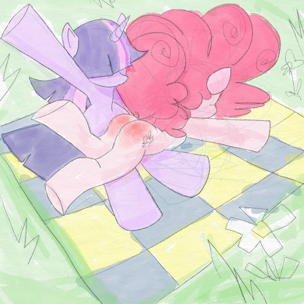 Size: 1100x1100 | Tagged: artist needed, safe, derpibooru import, pinkie pie, twilight sparkle, earth pony, unicorn, /mlp/, 4chan, balloonbutt, butt, horn, image, jpeg, over the knee, picnic, reddened butt, spank mark, spanked, spanking, traditional art, unicorn twilight