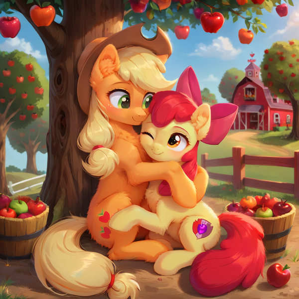 Size: 1024x1024 | Tagged: safe, ai content, derpibooru import, generator:bluefox mix, machine learning generated, prompter:adorablebluefox, stable diffusion, apple bloom, applejack, earth pony, pony, g4, :3, adorabloom, apple, apple bloom's bow, apple tree, applejack's hat, basket, beautiful, blushing, bow, building, cheek fluff, chest fluff, cloud, cowboy hat, cute, daaaaaaaaaaaw, detailed, detailed background, duo, duo female, ear fluff, female, fence, filly, fluffy, foal, food, hair bow, happy, hat, hooves, hug, image, jackabetes, leg fluff, looking at each other, looking at someone, mare, nature, one eye closed, png, pretty, raised hoof, siblings, sisters, sitting, smiling, smiling at each other, sweet apple acres, tail, tree, weapons-grade cute, wink