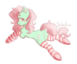 Size: 1200x1000 | Tagged: suggestive, artist:spider_bones, derpibooru import, minty, earth pony, pony, g3, blushing, butt, clothes, ear fluff, eyelashes, green coat, image, looking at you, looking back, looking back at you, pink mane, pink tail, png, rear view, simple background, smiling, smiling at you, socks, solo, striped socks, tail, white background