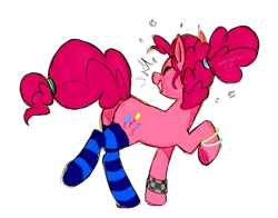 Size: 2169x1698 | Tagged: safe, artist:smeevel27, derpibooru import, pinkie pie, earth pony, pony, g4, alternate hairstyle, bracelet, clothes, curly mane, curly tail, eyelashes, eyes closed, female, glow, grin, hair bun, hairband, image, jewelry, png, raised hoof, simple background, smiling, socks, solo, striped socks, tail, tail tie, transparent background, wristband