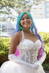 Size: 1500x2250 | Tagged: safe, derpibooru import, princess celestia, human, bronycon, bronycon 2018, g4, bare shoulders, clothes, cosplay, costume, gloves, image, irl, irl human, jpeg, long gloves, photo, solo