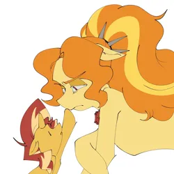 Size: 1500x1500 | Tagged: safe, artist:jzdog_0205, derpibooru import, adagio dazzle, sunset shimmer, ponified, earth pony, pony, unicorn, equestria girls, g4, boop, duo, duo female, earth pony adagio dazzle, equestria girls ponified, female, filly, filly sunset shimmer, floppy ears, foal, horn, image, lidded eyes, mare, png, ponytail, red jewel, simple background, white background, younger