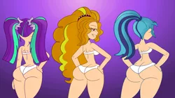 Size: 6400x3600 | Tagged: suggestive, artist:scobionicle99, color edit, derpibooru import, edit, edited edit, adagio dazzle, aria blaze, sonata dusk, human, equestria girls, g4, adagio dat-azzle, arse-ia blaze, ass, big hair, bikini, bikini babe, bottom heavy, breasts, busty adagio dazzle, butt, buttcrack, clothes, colored, female, females only, gradient background, hand on hip, hands on thighs, high ponytail, hips, huge butt, human coloration, image, large butt, long hair, looking at you, my little pony equestria girls: rainbow rocks, pigtails, png, ponytail, rear view, seductive, seductive look, sexy, sideboob, sonata donk, swimsuit, the ass was fat, the dat-azzlings, the dazzlings, thick, thighs, thunder thighs, twintails, white bikini, white swimsuit, wide hips