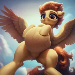 Size: 1024x1024 | Tagged: safe, ai content, derpibooru import, machine learning assisted, machine learning generated, prompter:jaguarcalamitydejv, stormy flare, pegasus, pony, g4, belly, big belly, cloud, crotch, female, image, jpeg, mare, sky, solo, standing, standing on two hooves, sun, wings