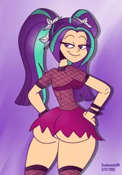 Size: 3000x4320 | Tagged: suggestive, artist:scobionicle99, color edit, derpibooru import, edit, aria blaze, human, equestria girls, g4, arse-ia blaze, ass, bootylicious, breasts, butt, clothes, colored, dummy thicc, female, fishnet clothing, fishnets, hips, human coloration, image, large butt, lingerie, looking back, panties, png, seductive, seductive pose, smiling, socks, stockings, sultry pose, thigh highs, underwear