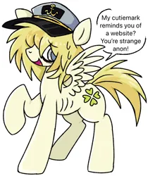 Size: 572x681 | Tagged: safe, artist:muffinz, derpibooru import, oc, oc:luckybreak, unofficial characters only, pegasus, pony, captain hat, clover, four leaf clover, hat, image, male, meta, png, ribs, simple background, solo, speech bubble, stallion, white background