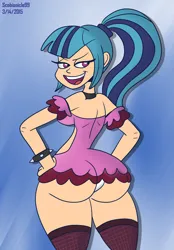 Size: 3000x4320 | Tagged: suggestive, artist:scobionicle99, color edit, derpibooru import, edit, sonata dusk, human, equestria girls, g4, ass, bedroom eyes, bootylicious, breasts, butt, clothes, colored, dummy thicc, female, hips, huge butt, human coloration, image, large butt, lingerie, open mouth, open smile, panties, png, rear view, seductive look, skirt, smiling, socks, sonata donk, stockings, sultry pose, the ass was fat, thigh highs, underwear, upskirt, wedgie, wide hips