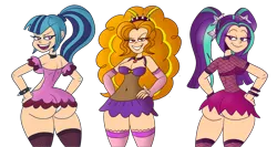 Size: 4000x2131 | Tagged: suggestive, artist:scobionicle99, color edit, derpibooru import, edit, adagio dazzle, aria blaze, sonata dusk, equestria girls, g4, arse-ia blaze, ass, bedroom eyes, belly, belly button, bootylicious, breasts, butt, clothes, colored, curvy, dummy thicc, female, hips, huge butt, human coloration, image, large butt, lingerie, png, seductive, simple background, socks, sonata donk, sultry pose, the dazzlings, thick, thigh highs, thighs, thunder thighs, transparent background, trio, trio female, wide hips