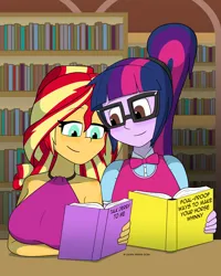 Size: 4800x6000 | Tagged: safe, artist:cadenreigns, derpibooru import, sci-twi, sunset shimmer, twilight sparkle, human, equestria girls, g4, book, book cover, bookshelf, breasts, busty sunset shimmer, clothes, cover, date, female, humanized, image, lesbian, library, png, reading, ship:sci-twishimmer, shipping, shirt, smiling, sunsetsparkle