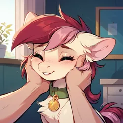 Size: 1024x1024 | Tagged: safe, ai content, derpibooru import, machine learning generated, prompter:doom9454, stable diffusion, roseluck, human, pony, behaving like a cat, collar, cute, eyes closed, fluffy, generator:pony diffusion v6 xl, hand, hand on cheek, image, offscreen character, offscreen human, pet tag, petting, png, pony pet, rosepet