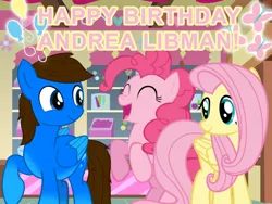 Size: 1024x768 | Tagged: safe, artist:bluemario11, derpibooru import, fluttershy, pinkie pie, oc, oc:blue thunder, earth pony, pegasus, g4, andrea libman, female, happy birthday, image, male, pegasus oc, png, wings