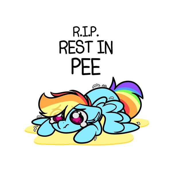 Size: 1752x1752 | Tagged: safe, artist:littleblackraencloud, derpibooru import, rainbow dash, pegasus, pony, accident, eye clipping through hair, female, image, jpeg, lying down, mare, piss puddle, prone, rest in peace, shaking, shivering, simple background, solo, teary eyes, urine, white background