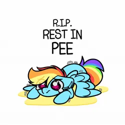 Size: 1752x1752 | Tagged: safe, artist:littleblackraencloud, derpibooru import, rainbow dash, pegasus, pony, accident, eye clipping through hair, female, image, jpeg, lying down, mare, piss puddle, prone, rest in peace, shaking, shivering, simple background, solo, teary eyes, urine, white background