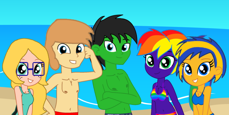 Size: 2002x1006 | Tagged: safe, artist:star-armour95, derpibooru import, oc, oc:allie, oc:fidget, oc:flare spark, oc:rainbow flower, oc:star armour, unofficial characters only, human, beach, female, image, male, png