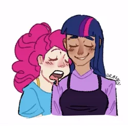 Size: 517x508 | Tagged: safe, artist:dravenday, derpibooru import, pinkie pie, twilight sparkle, human, g4, drool, duo, duo female, eyes closed, female, image, jpeg, lesbian, open mouth, shipping, sleepy, smiling, tumblr nose, twinkie