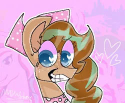 Size: 2098x1731 | Tagged: safe, artist:moudiac, derpibooru import, horse, pony, bandana, bust, caffeine overload, cocoa (wild manes), female, freckles, grin, heart, image, jpeg, mare, nervous, nervous grin, portrait, smiling, solo, sweat, sweatdrop, wild manes