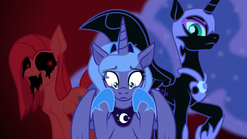 Size: 1920x1080 | Tagged: grimdark, artist:zeka10000, derpibooru import, nightmare moon, pinkie pie, princess luna, alicorn, earth pony, pony, luna game, collar, distortion, female, from behind, gradient background, horror, image, jewelry, looking at someone, mare, nightmare fuel, pinkamena diane pie, png, raised hoof, s1 luna, scarred, scary, spread wings, tiara, vector, wallpaper, wings, worried, zalgo, zalgo pie