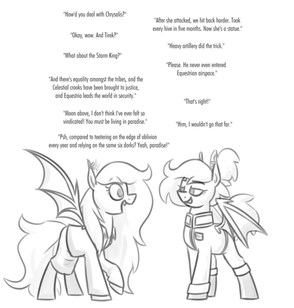 Size: 2142x2241 | Tagged: safe, artist:moonatik, derpibooru import, oc, oc:selenite, bat pony, pony, bat pony oc, bat wings, boots, clothes, dialogue, female, gloves, hair bun, image, implied lord tirek, implied queen chrysalis, implied storm king, mare, military uniform, png, self paradox, self ponidox, shoes, sketch, skirt, spread wings, suit, tail, tail bun, uniform, wings