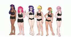 Size: 3534x1878 | Tagged: safe, artist:dravenday, derpibooru import, applejack, fluttershy, pinkie pie, rainbow dash, rarity, twilight sparkle, human, g4, applejack's hat, barefoot, belly, belly button, black underwear, breasts, clothes, cowboy hat, dark souls, diversity, eyeshadow, farmer's tan, feet, female, freckles, grin, hat, humanized, image, jpeg, lipstick, makeup, mane six, one eye closed, panties, simple background, size difference, smiling, sports bra, underwear, white background, wink