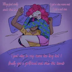 Size: 855x861 | Tagged: safe, artist:dravenday, derpibooru import, pinkie pie, twilight sparkle, human, bed, bedroom, blanket, clothes, dark skin, duo, duo female, eyes closed, female, hug, humanized, image, jpeg, lesbian, pajamas, pillow, pink underwear, shipping, shirt, sleeping, song reference, t-shirt, twinkie, underwear