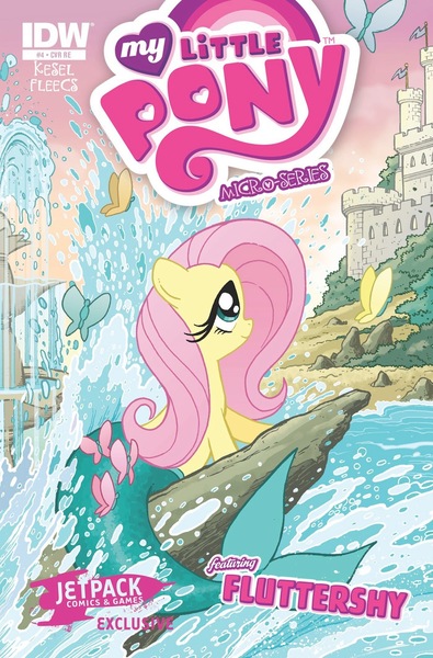 Size: 1054x1600 | Tagged: safe, artist:tonyfleecs, derpibooru import, idw, fluttershy, butterfly, insect, merpony, g4, castle, comic cover, cover, cover art, fountain, image, jpeg, micro-series #4, my little pony logo, my little pony micro-series, official comic, outdoors, variant cover