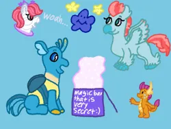Size: 1600x1200 | Tagged: safe, artist:mintwhistle, derpibooru import, gallus, ocellus, smolder, changedling, changeling, classical hippogriff, dragon, earth pony, hippogriff, pony, g1, g4, antennae, atg 2024, blue background, box, changedlingified, changelingified, classical hippogriffied, colored hooves, colored wings, colored wingtips, dragoness, female, flying, group, hippogriffied, hooves, image, implied transformation, looking at something, magic, male, mare, medibang paint, micro, mistyglow, newbie artist training grounds, png, polaris (g1), portal, quartet, scared, simple background, sitting, small, smiling, smol, species swap, spread wings, stars, surprised, sweat, sweatdrops, teenaged dragon, teenager, tiny, unshorn fetlocks, wings, woah, worried