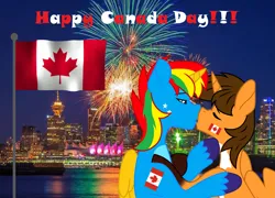 Size: 2791x2009 | Tagged: safe, artist:shieldwingarmorofgod, derpibooru import, oc, oc:ej, oc:shield wing, alicorn, pony, alicorn oc, canada, canada day, gay, horn, image, kissing, male, png, stallion, wings