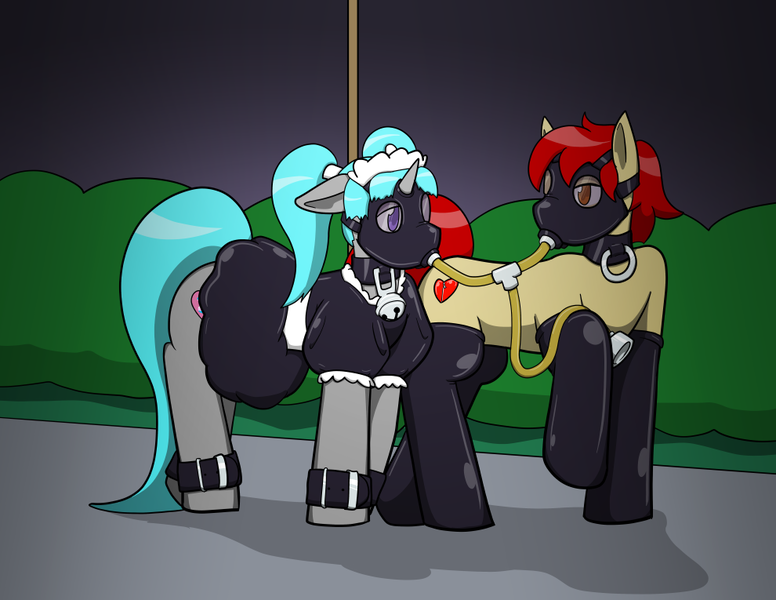 Size: 990x765 | Tagged: suggestive, artist:defilerzero, ponerpics import, oc, unofficial characters only, pony, clothes, female, gas mask, image, latex, latex socks, looking at each other, maid, male, mare, mask, png, skirt, socks, stallion