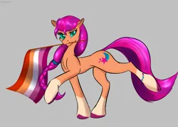 Size: 3023x2161 | Tagged: safe, artist:renarde-louve, derpibooru import, sunny starscout, g5, female, flag, image, lesbian pride flag, mouthpiece, png, politics, pride, pride flag, simple background, transparent background