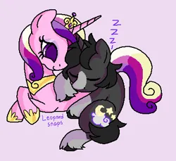 Size: 397x364 | Tagged: safe, artist:leopardsnaps, derpibooru import, princess cadance, oc, oc:crystal nightshine, alicorn, unicorn, g4, blaze (coat marking), canon x oc, coat markings, crown, cuddling, duo, eyeshadow, facial markings, female, horn, image, jewelry, makeup, male, ms paint, onomatopoeia, png, purple background, regalia, shipping, simple background, sleeping, socks (coat marking), sound effects, straight, unicorn oc, unshorn fetlocks, zzz