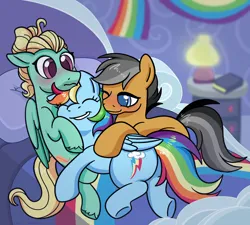 Size: 3000x2700 | Tagged: safe, artist:leopardsnaps, derpibooru import, quibble pants, rainbow dash, zephyr breeze, earth pony, pegasus, pony, bed, bisexual, blushing, butt, cuddle puddle, cuddling, eyes closed, female, happy, hug, hug from behind, image, male, one eye closed, plot, png, polyamory, pony pile, rainbow, rainbow dash's bedroom, ship:quibbledash, ship:zephdash, shipping, smiling, straight, trio, underhoof, unshorn fetlocks