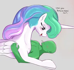 Size: 1085x1035 | Tagged: safe, artist:enonnnymous, derpibooru import, princess celestia, oc, oc:anon, alicorn, human, pony, blushing, dialogue, duo, female, image, lying down, male, mare, png