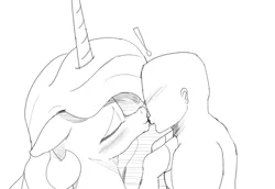 Size: 3200x2200 | Tagged: safe, artist:enonnnymous, derpibooru import, princess celestia, oc, oc:anon, alicorn, human, pony, blushing, duo, exclamation point, female, hooves, horn, image, kissing, male, mare, monochrome, png, sketch, surprised