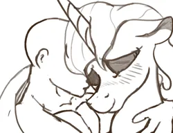 Size: 1300x1000 | Tagged: safe, artist:enonnnymous, derpibooru import, princess celestia, oc, oc:anon, alicorn, human, pony, blushing, eyes closed, female, hug, image, kiss on the cheek, kissing, male, mare, monochrome, png, sketch, winghug, wings