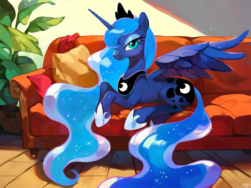 Size: 2048x1536 | Tagged: safe, ai content, artist:dovakkins, derpibooru import, machine learning assisted, machine learning generated, princess luna, alicorn, pony, g4, bronybait, couch, cute, derpibooru exclusive, female, hoof shoes, image, invitation, jewelry, jpeg, living room, looking at you, lunabetes, lying down, mare, partially open wings, peytral, princess shoes, prone, regalia, smiling, smiling at you, solo, tail, watermark, wavy mane, wavy tail, wings