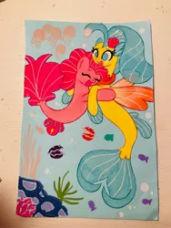 Size: 3024x4032 | Tagged: safe, artist:sfunicorn, derpibooru import, pinkie pie, princess skystar, shelldon, shelly, fish, jellyfish, seapony (g4), g4, my little pony: the movie, cute, duo, hug, image, jpeg, seashell, seaweed, traditional art, underwater, water