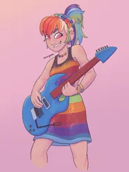 Size: 1542x2048 | Tagged: safe, artist:starryducks, derpibooru import, rainbow dash, human, g4, alternate hairstyle, electric guitar, female, gradient background, grin, guitar, humanized, image, lip piercing, musical instrument, no pupils, piercing, png, ponytail, smiling, solo, tan skin