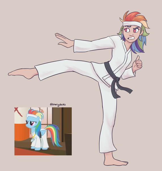 Size: 1586x1668 | Tagged: safe, artist:starryducks, derpibooru import, rainbow dash, human, pegasus, pony, call of the cutie, g4, alternate hairstyle, beige background, black belt, clothes, female, gi, gritted teeth, headband, humanized, image, kicking, mare, no pupils, png, screencap reference, simple background, solo, standing, standing on one leg, teeth