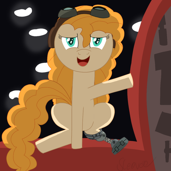 Size: 1000x1000 | Tagged: safe, artist:sleeplesseevee, derpibooru import, pear butter, earth pony, pony, g4, amputee, aviator goggles, derpibooru exclusive, ducktales, ducktales 2017, fixed, goggles, image, light, long hair, long mane, long tail, png, prosthetic leg, prosthetic limb, prosthetics, shading, sitting, solo, tail