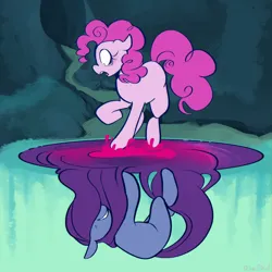 Size: 3000x3000 | Tagged: safe, artist:urbanqhoul, derpibooru import, pinkie pie, earth pony, pony, g4, cave, cave pool, clone, creepy, creepy grin, dread, duality, female, floppy ears, grin, high res, image, jpeg, looking down, magic, mare, mirror pool, mirror pool clone, missing cutie mark, pinkamena diane pie, pond, reflection, scared, shocked, smiling, solo, underground, water