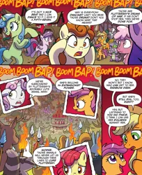 Size: 921x1130 | Tagged: safe, artist:tonyfleecs, derpibooru import, idw, apple bloom, applejack, scootaloo, spike, sweetie belle, zecora, dragon, earth pony, pegasus, pony, unicorn, zebra, g4, ponies of dark water, spoiler:comic, spoiler:comic45, animal, cutie mark crusaders, dancing, horn, image, jpeg, official comic, panic, ponyville, spear, weapon